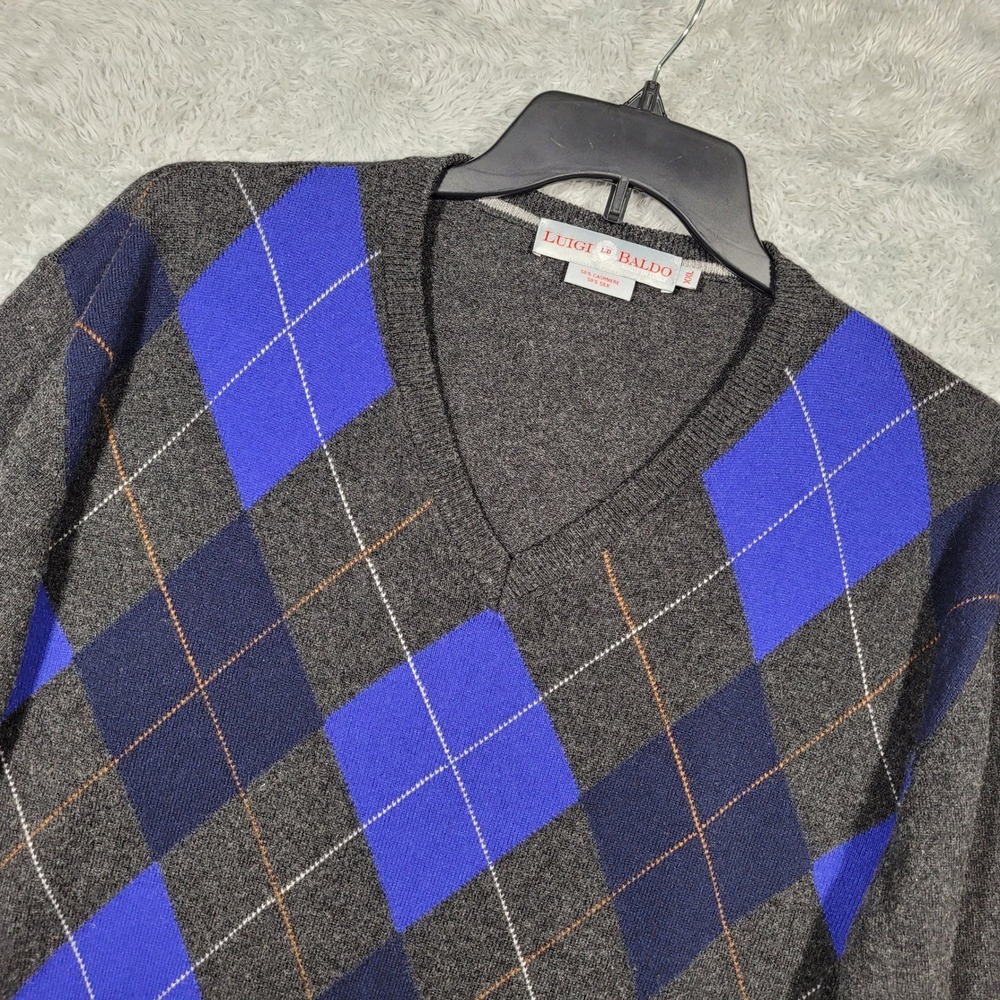 Luigi Baldo Sweater Mens XXL Grey Argyle Cashmere Silk V-Neck Made in Italy